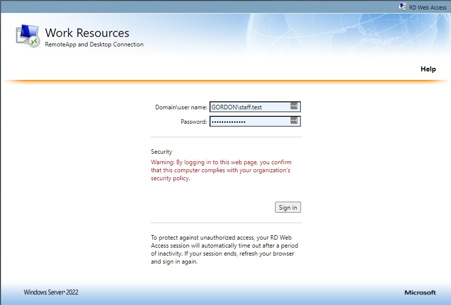 Login page for Remote Desktop Web