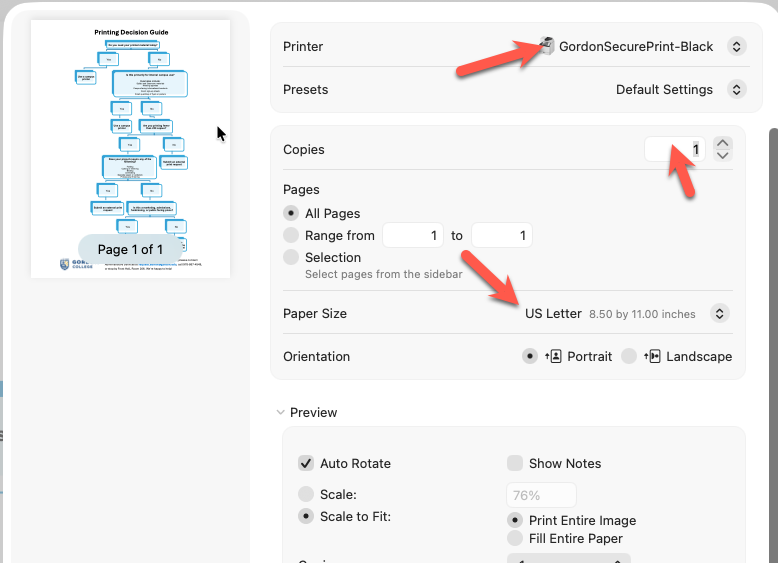Default macOS print dialog with key settings highlighted.